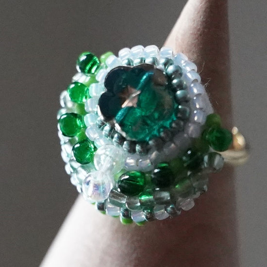 Scarf clasp also fashionable ring 154 free size bead embroidery ring green flower capped ring