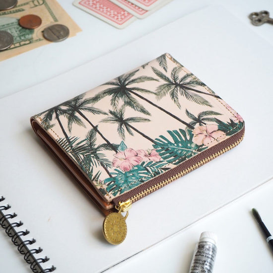 L-Shape Zipper Wallet (Tropical Palm) All Leather for Ladies and Men