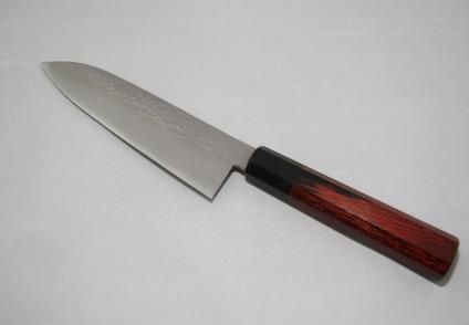 Towa Hachikaku (Hammered Specification) Santoku Kitchen Knife 18cm Red