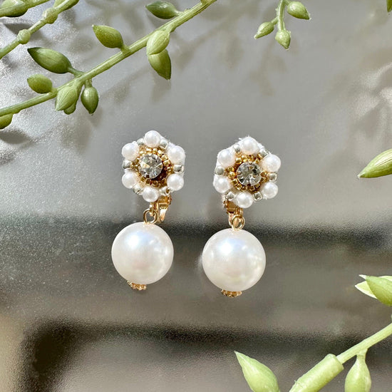 Elegant Pierced earrings with Beaded Embroidered Pearls, Clip-on earrings