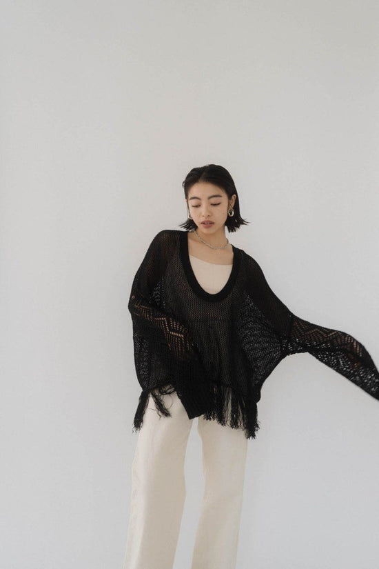 Uneck Fringe Mesh Knit/ Black