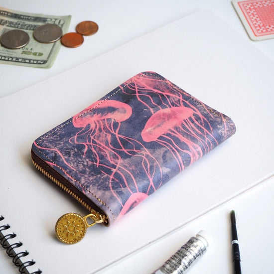 Round Zipper Compact Wallet (Jellyfish) Cowhide for Men and Ladies Mini Wallet