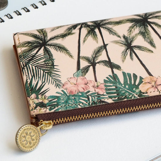 L-Shape Zipper Long Wallet (Tropical Palm) All Leather for Ladies and Men