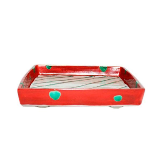 [Eisyou] Rectangular 6" dish with foot, red glaze, polka dot design