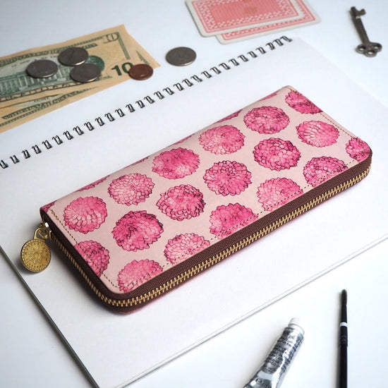 Round Zipper Long Wallet (Dahlia Dot) All Leather for Ladies