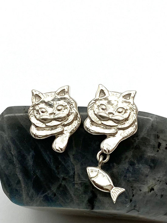 Oliver with Finley pierced earrings | cat + fish | silver925