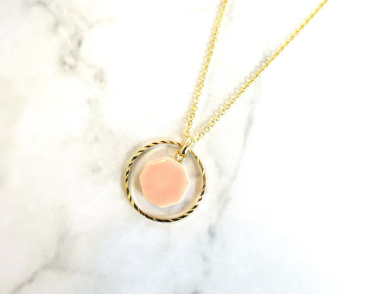 Pottery and gold ring necklace (pink)