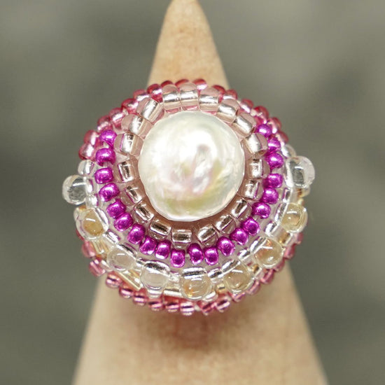 Also for scarf clasp! Chatty ring 136, free size, bead embroidery ring, freshwater pearl, large ring