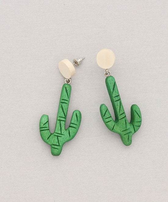 Wood cactus stud Pierced earrings A24WPE067GN