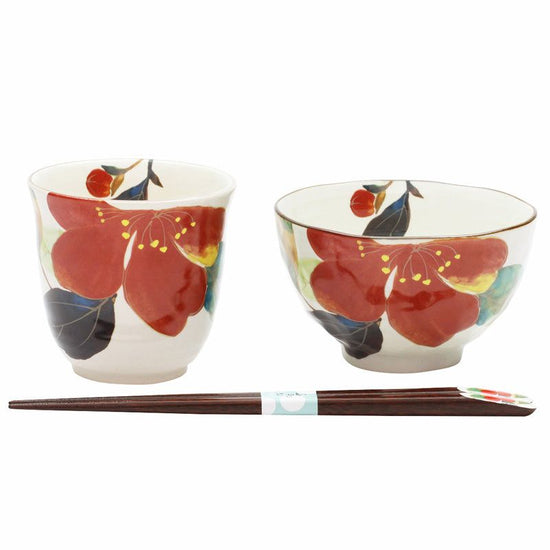 Flower Kairo Rice Bowl and Teacups Yamacha Flower with Tenpou Chopsticks (40481)