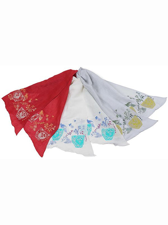 Bird-patterned applique shawl (3 colors) linen-cotton