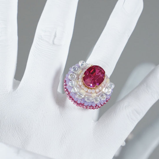 Chatty ring 94 free size bead embroidery ring pink purple