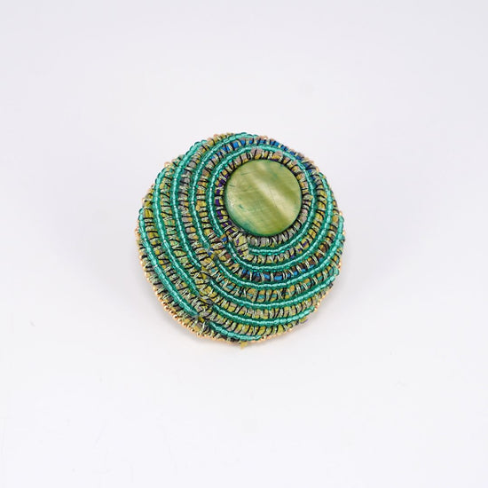 Swirl brooch 3 beads embroidery green