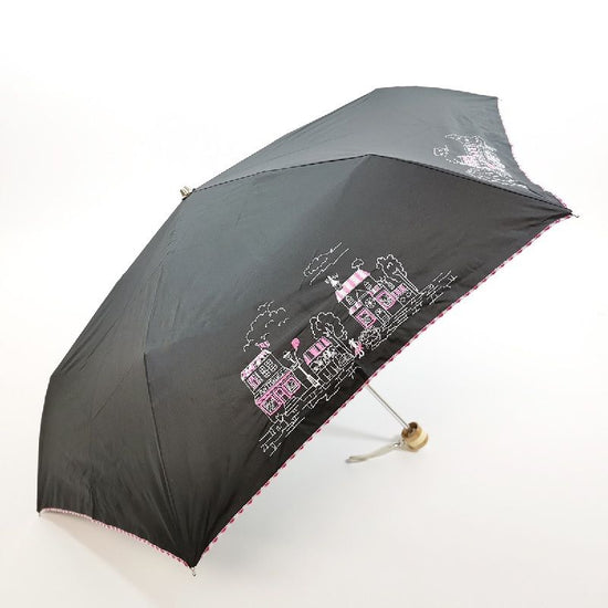 Heat-Shielding & Fully Light-Shielding French Village View Embroidery 3-Tiered Folding Umbrella for Sun and Rain Black Coated on the Back