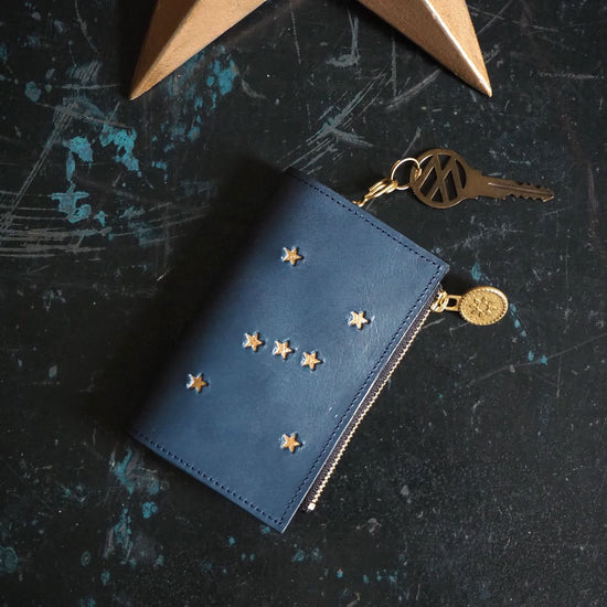 Key Case with One Gusset and Zipper Pocket (ORION Night Blue) [holds many cards] Cowhide, Compact
