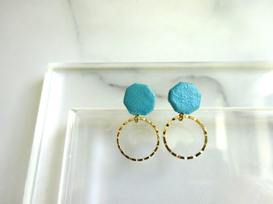 Octagonal and Gold Ring Ceramic Pierced Earrings / Clip-on Earrings Turquoise