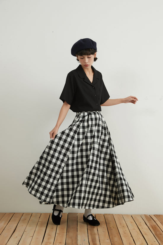 BLACK / WHITE CHECK VOLUME FLARE MAXI SKIRT