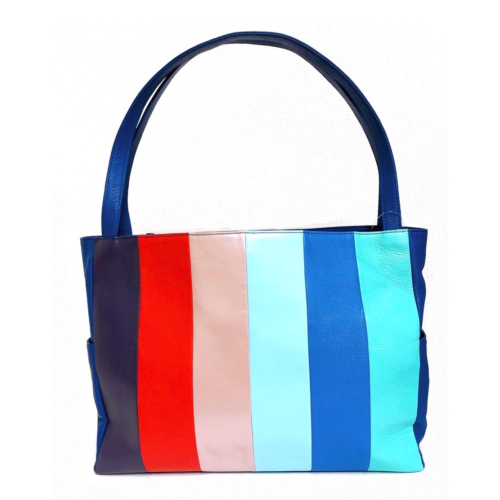 Cowhide Striped Tote Bag Blue
