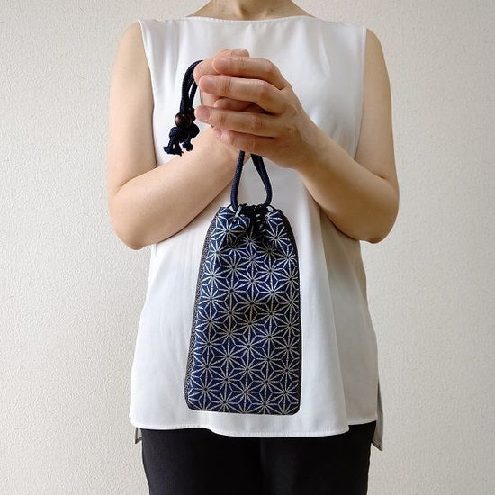Kyoto denim navy blue phone case with shoulder strap, bamboo joint hemp leaf, silver
