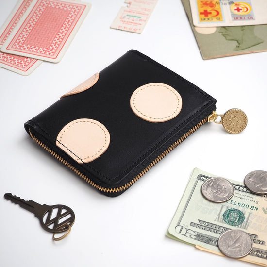 L-Shaped Zipper Wallet (Polka Dot Patchwork / Black) Genuine Leather Compact