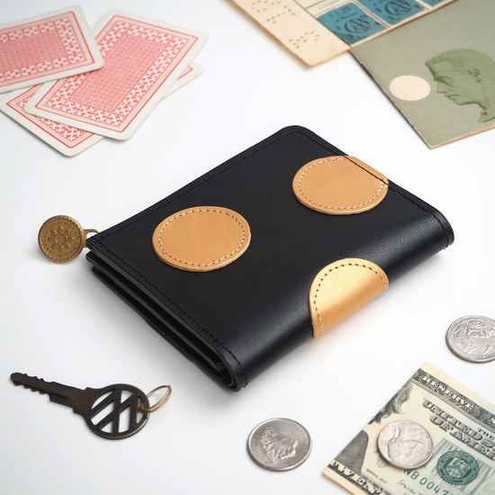 L-Shaped Zipper Wallet (Polka Dot Gold / Black) Genuine Leather Compact