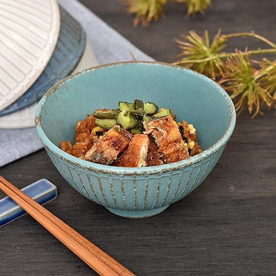 Green Blue Carved Jyuso Rice Bowl Blue Japanese Tableware, Tea Bowl, Rice Bowl, Made in Japan, Minoyaki, Stylish, Modern