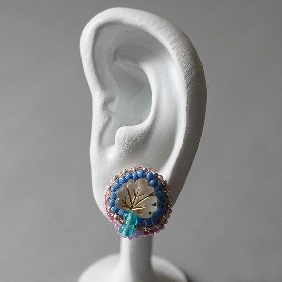 Clip-on earrings with bead embroidery Pierced earrings 7 white blue pink purple large size, one of a kind