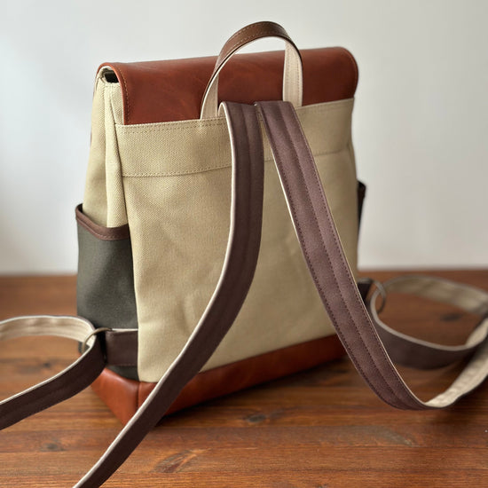 Canvas and synthetic leather backpack (beige and old khaki)