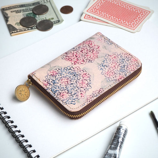 Round Zipper Compact Wallet (Hydrangea) Genuine Leather Mini Hydrangea