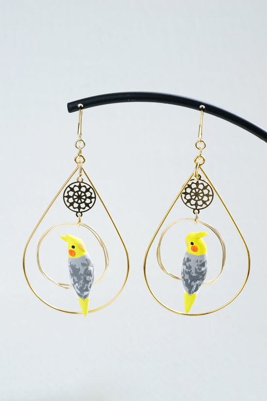Ring-Riding Cockatiel (Pied) Pierced earrings and clip-on earrings with Encircling Accessory