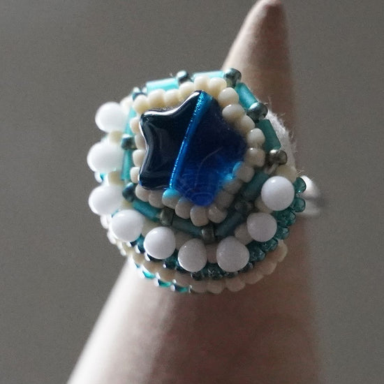 Chatty ring 118 free size bead embroidery ring blue large