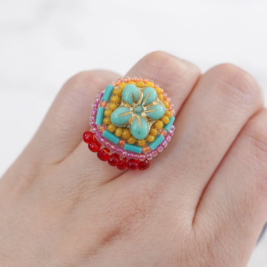 Chatty ring 49 free size beaded embroidery ring flower ethnic green colorful multicolor