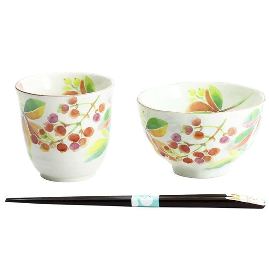 Flower Word Rice Bowl / Teacup Nanten with Tenpou Chopsticks (04273)