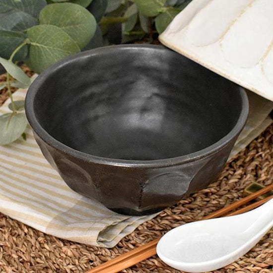 Rinka Black Donburi, black Japanese tableware, medium bowl, made in Japan, Minoyaki, stylish, modern.