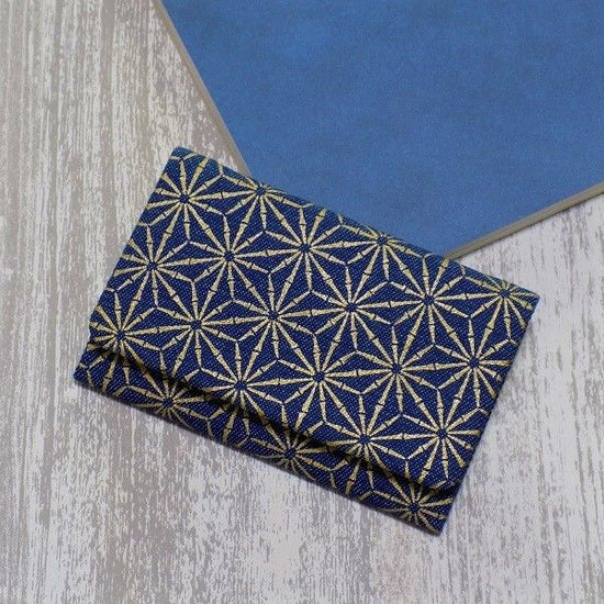 Kyoto business card case made of washed denim fabric, bamboo joint, hemp leaf, gold