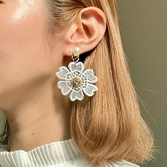 Large Pierced earrings and Clip-on earrings with Flower Lace
