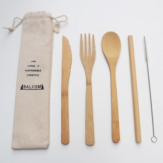 Bamboo Cutlery Set BCS-02 (straw, spoon, fork, knife, cleaning brush, storage pouch) | BALIISM