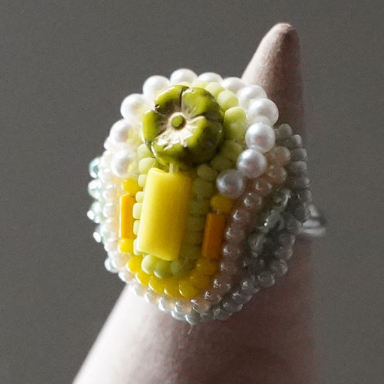 Chatty ring 109 free size bead embroidery ring flower yellow large ring