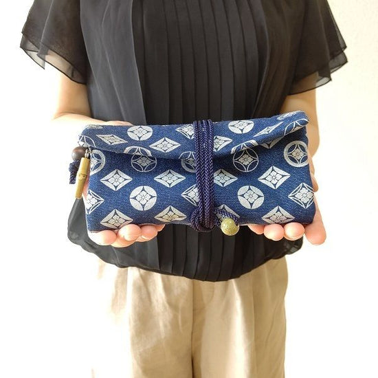 Kyoto Michu purse roll bag made of denim navy blue cloth, cloisonne, silver