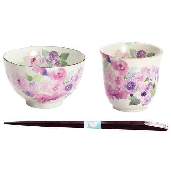 Hana Kobo Bowl & Teacup Pink with Tenpou Chopsticks (40665)