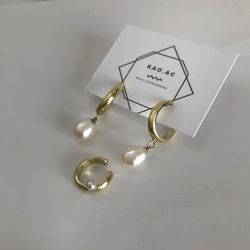 Brass [gold and baroque pearls] shaking drop hoop pierced earrings ear cuff available "Clip-on earrings fall grab bag