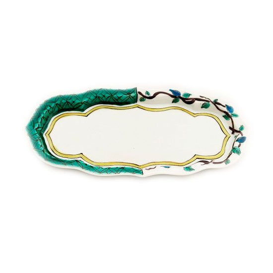 [Eisyou] Old Kutani handled dish with two patterns, 7.5 x 7.5 cm, long, woven flower design