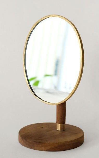 Stand mirror oval brass + wood, angle adjustable SI-303553