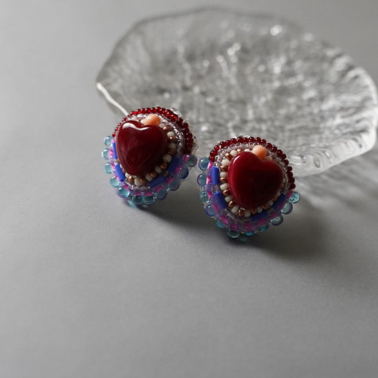 Fashionable Clip-on earrings Pierced earrings 45 hearts, large size, Surgical stainless steel, one-of-a-kind, beaded embroidery, with choice of hardware.