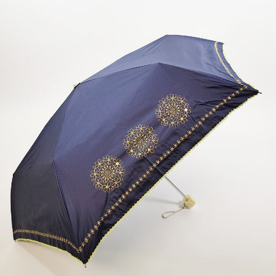 Heat-Shielding & Fully Light-Shielding Turquish Flower Embroidery Sunshade Umbrella 3-Tiered Folding Black Coated Back