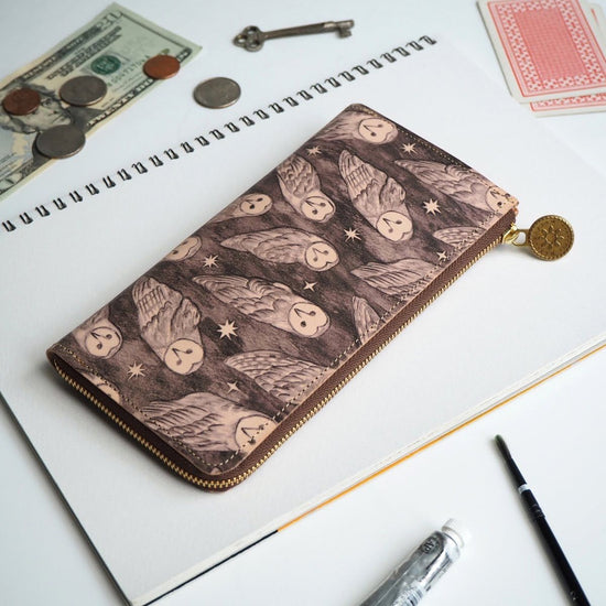 L-Shape Zipper Long Wallet (Holy Owl) All Leather for Ladies and Men