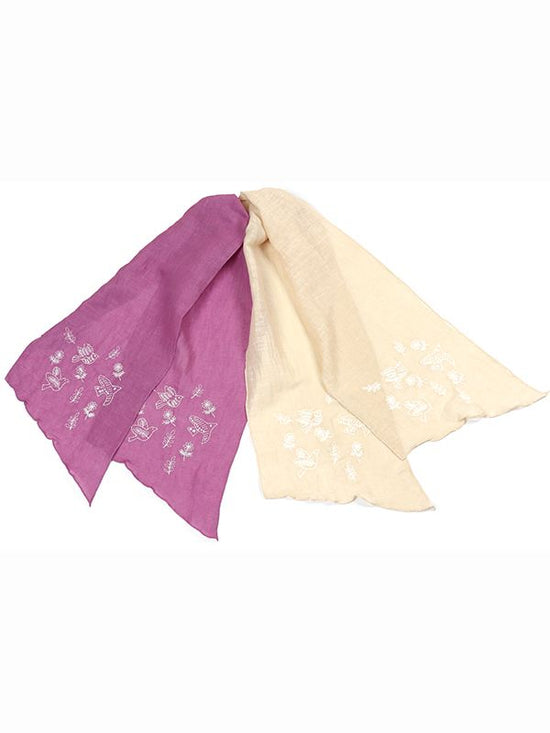 Bird-print embroidered shawl (2 colors) linen-cotton