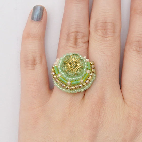 Chatty ring 29 free size beaded embroidery ring flower green colorful pastel clear