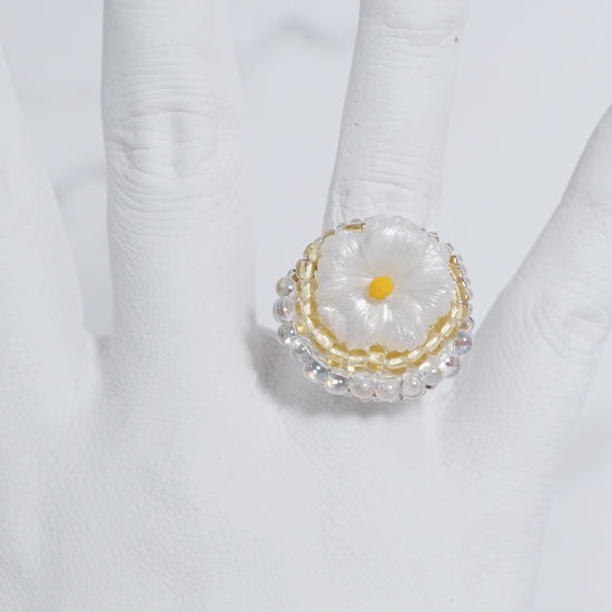 Chatty ring 65 free size beaded embroidery ring flower white yellow multicolor