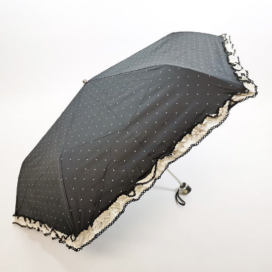 Heat-Shielding & Fully Light-Shielding 3-Tiered Folding Umbrella with Lace Frill and Dot Pattern Black Coated Back